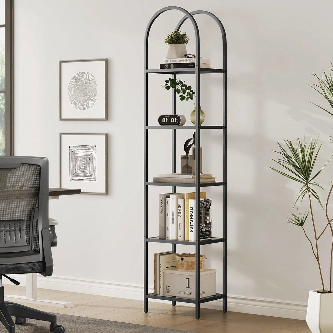 Arched Top Black Metal Narrow Bookcase/Display Rack with 5 Glass Storage Shelves