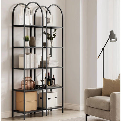 Arched Top Black Metal Narrow Bookcase/Display Rack with 5 Glass Storage Shelves
