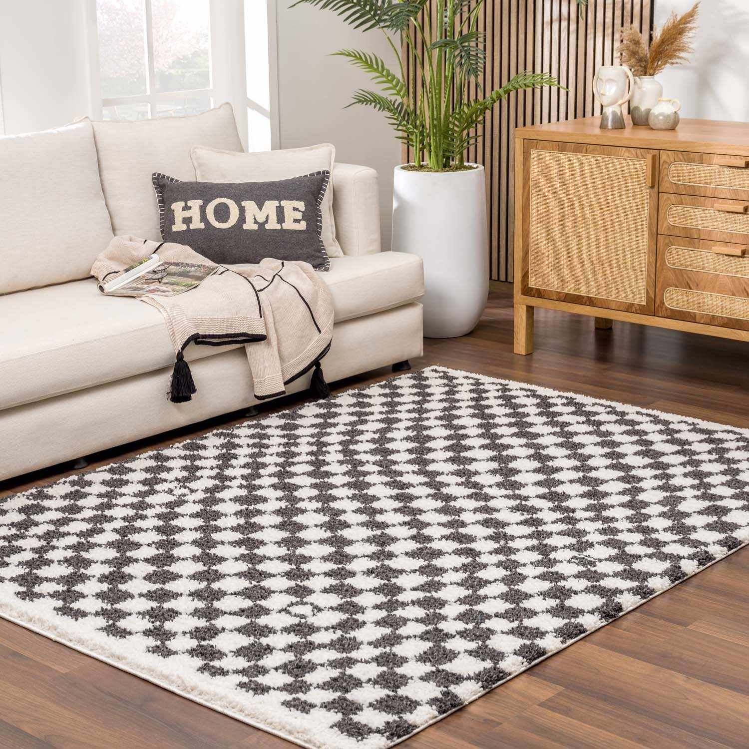 Kieu Black &amp; White Checkered Shag Rug