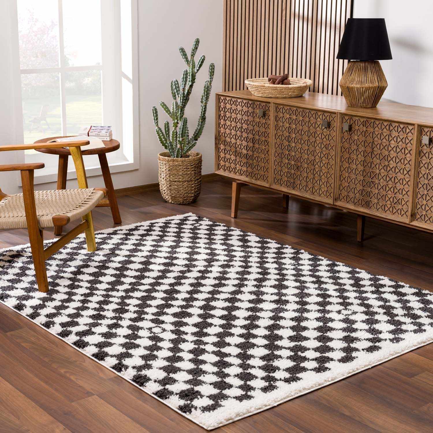 Kieu Black &amp; White Checkered Shag Rug