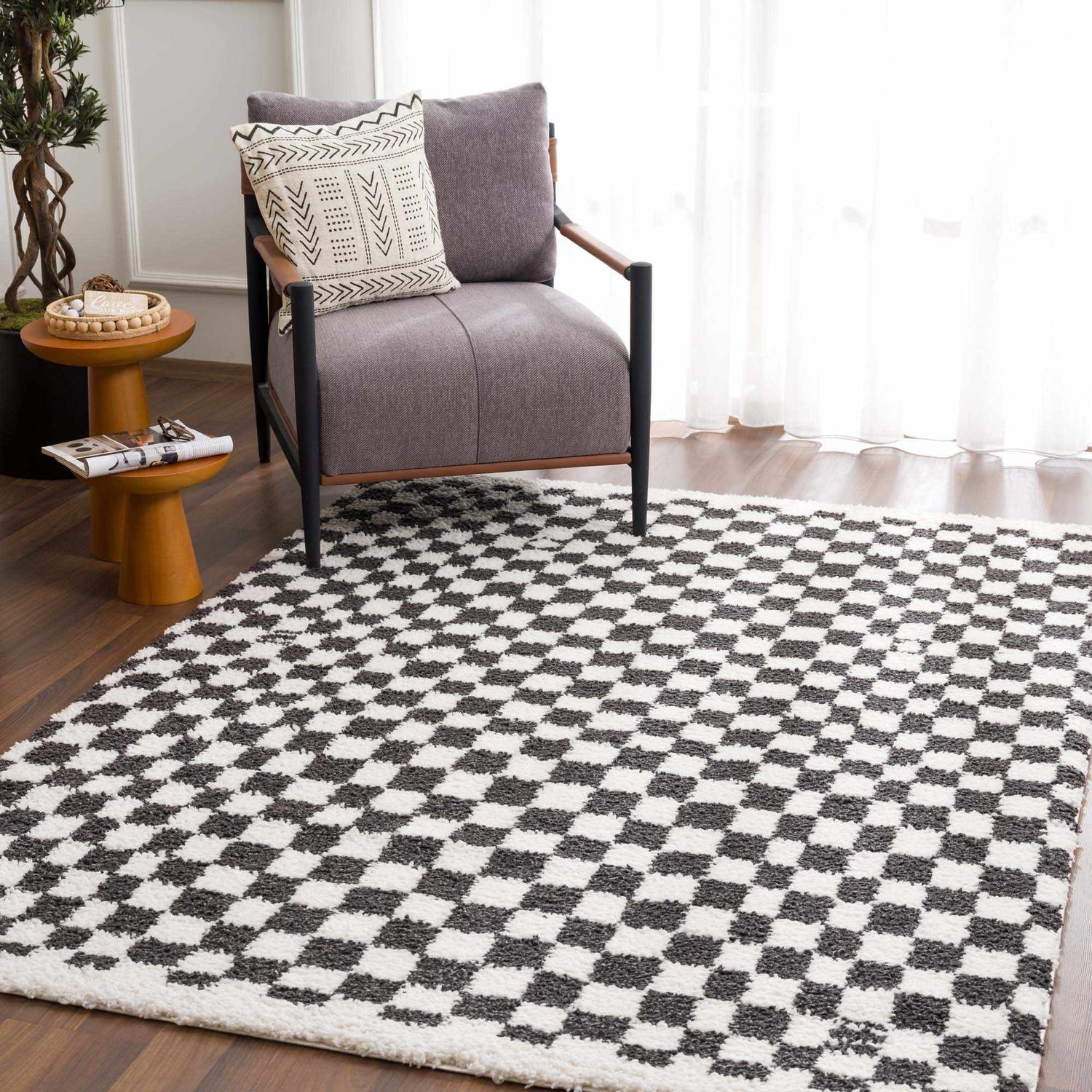 Kieu Black &amp; White Checkered Shag Rug