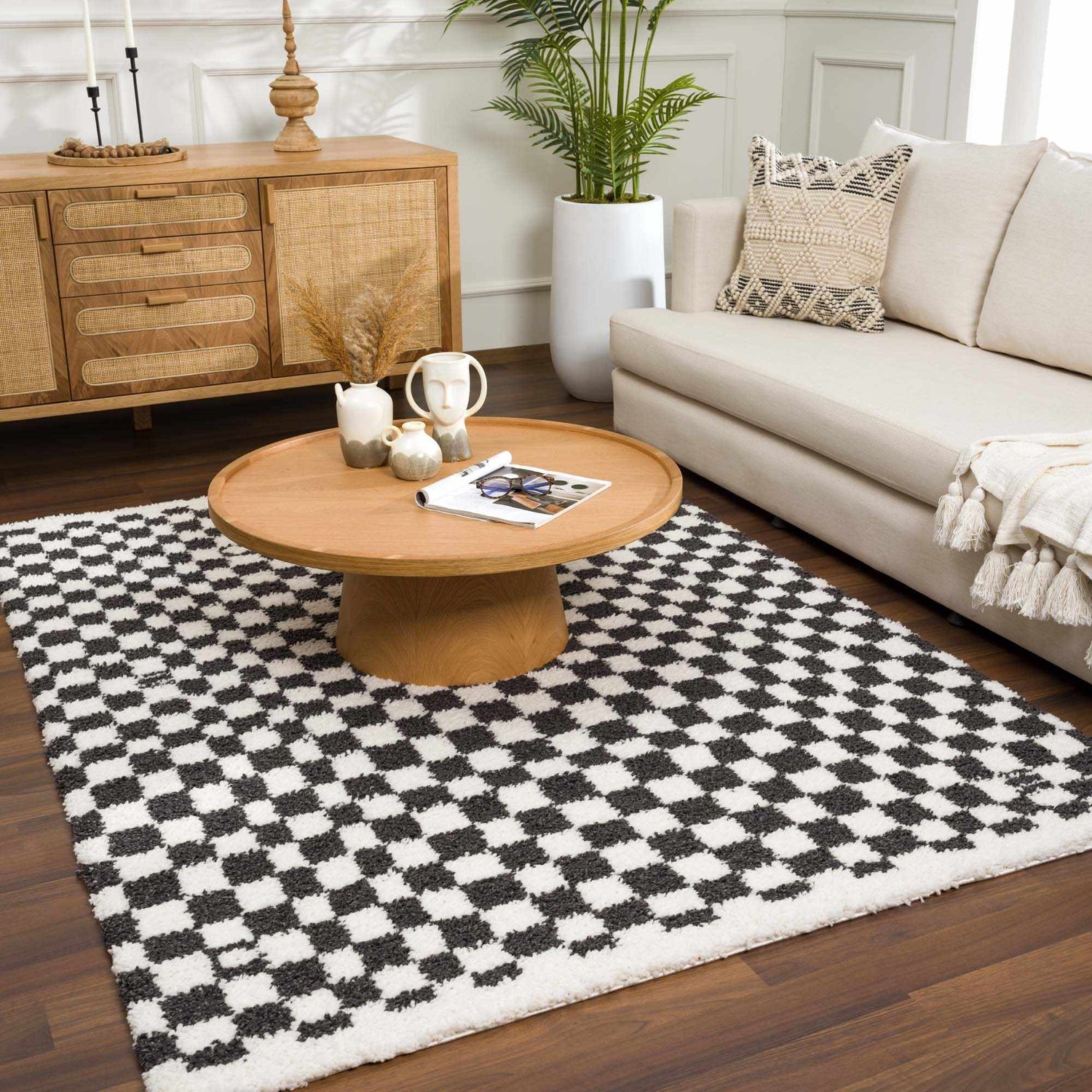 Kieu Black &amp; White Checkered Shag Rug