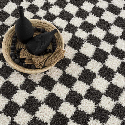 Kieu Black &amp; White Checkered Shag Rug