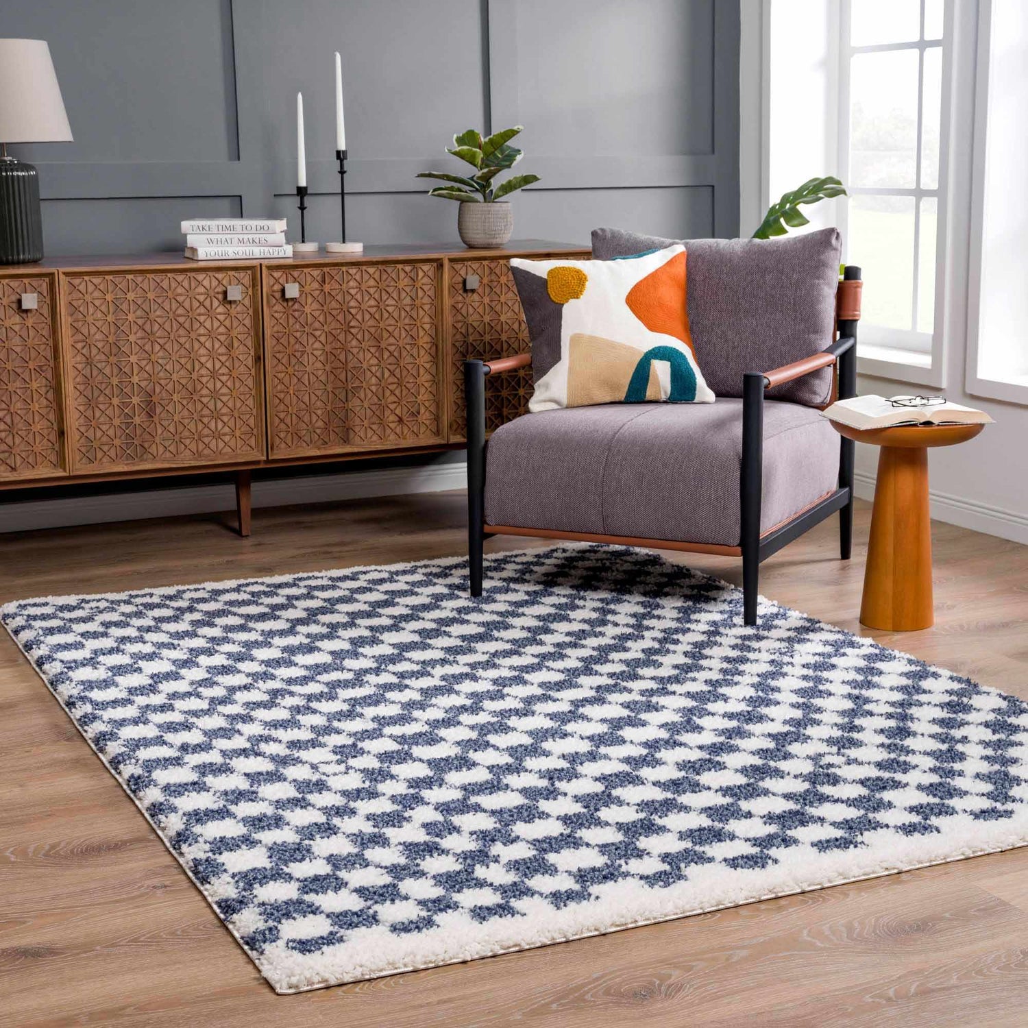 Kieu Blue &amp; White Checkered Area Rug
