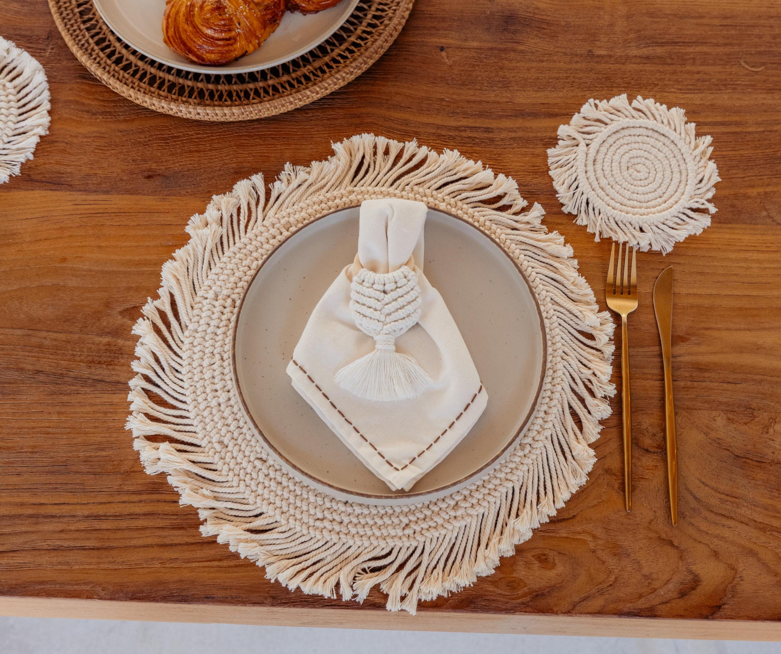 Round Macrame Placemat and Coaster Set for 4 - 2 Colors
