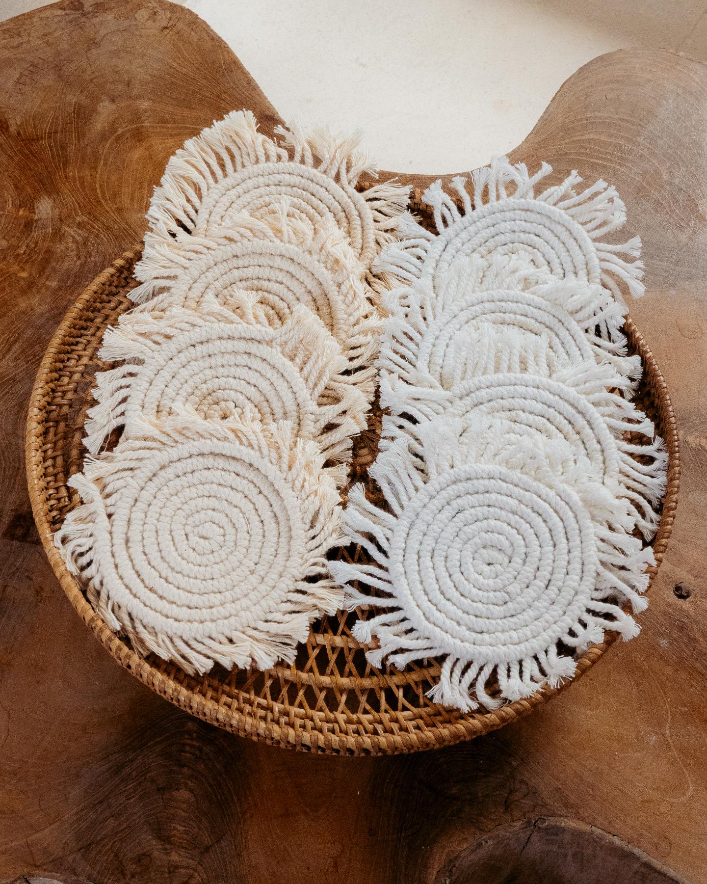 Round Macrame Placemat and Coaster Set for 4 - 2 Colors