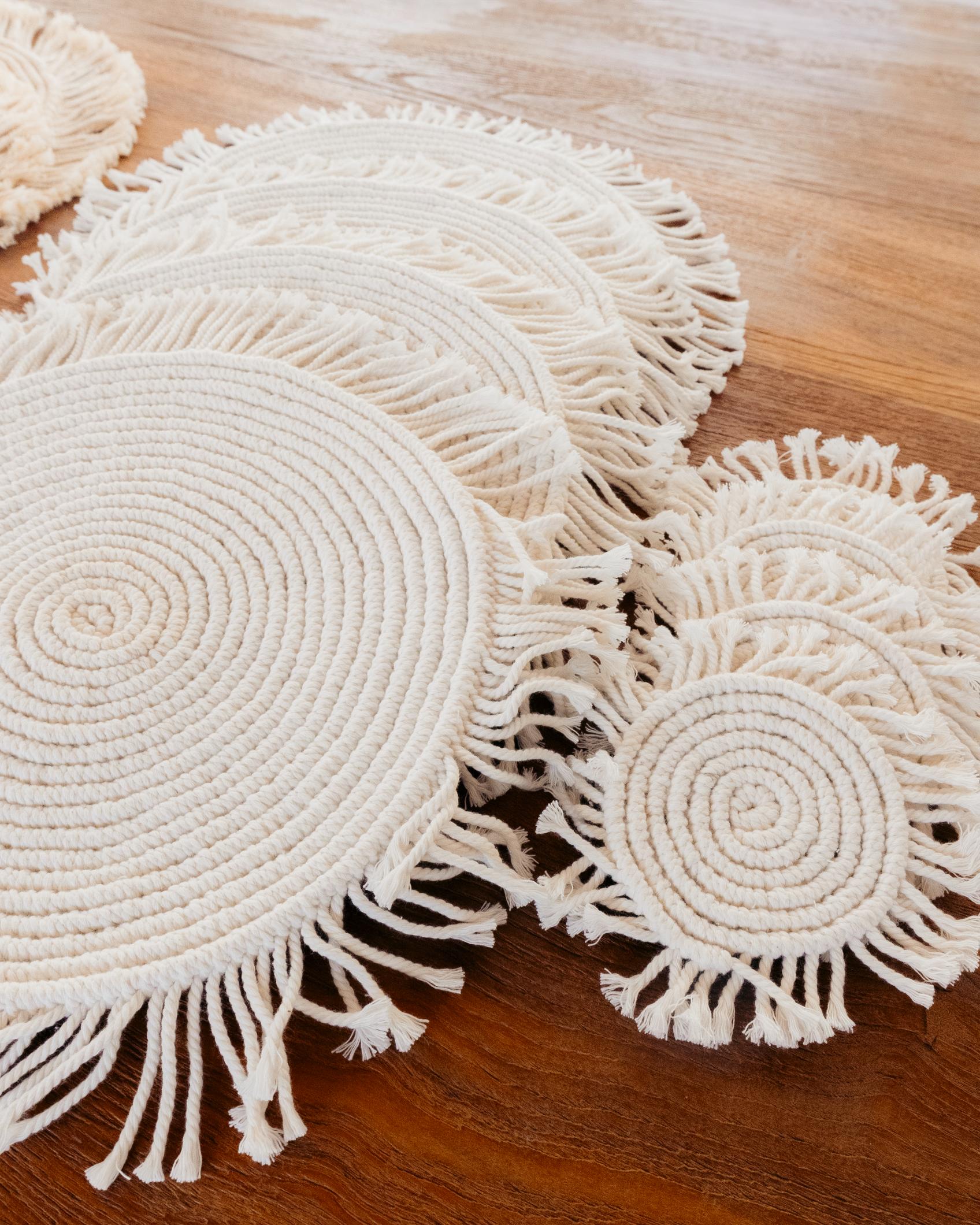 Round Macrame Placemat and Coaster Set for 4 - 2 Colors