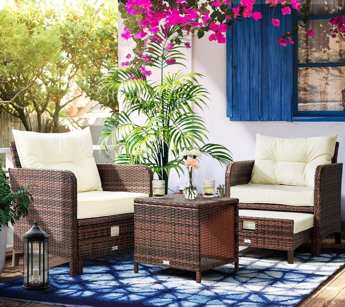 5-Piece Patio Lounge Set, Rattan with Cushions in Beige or Grey