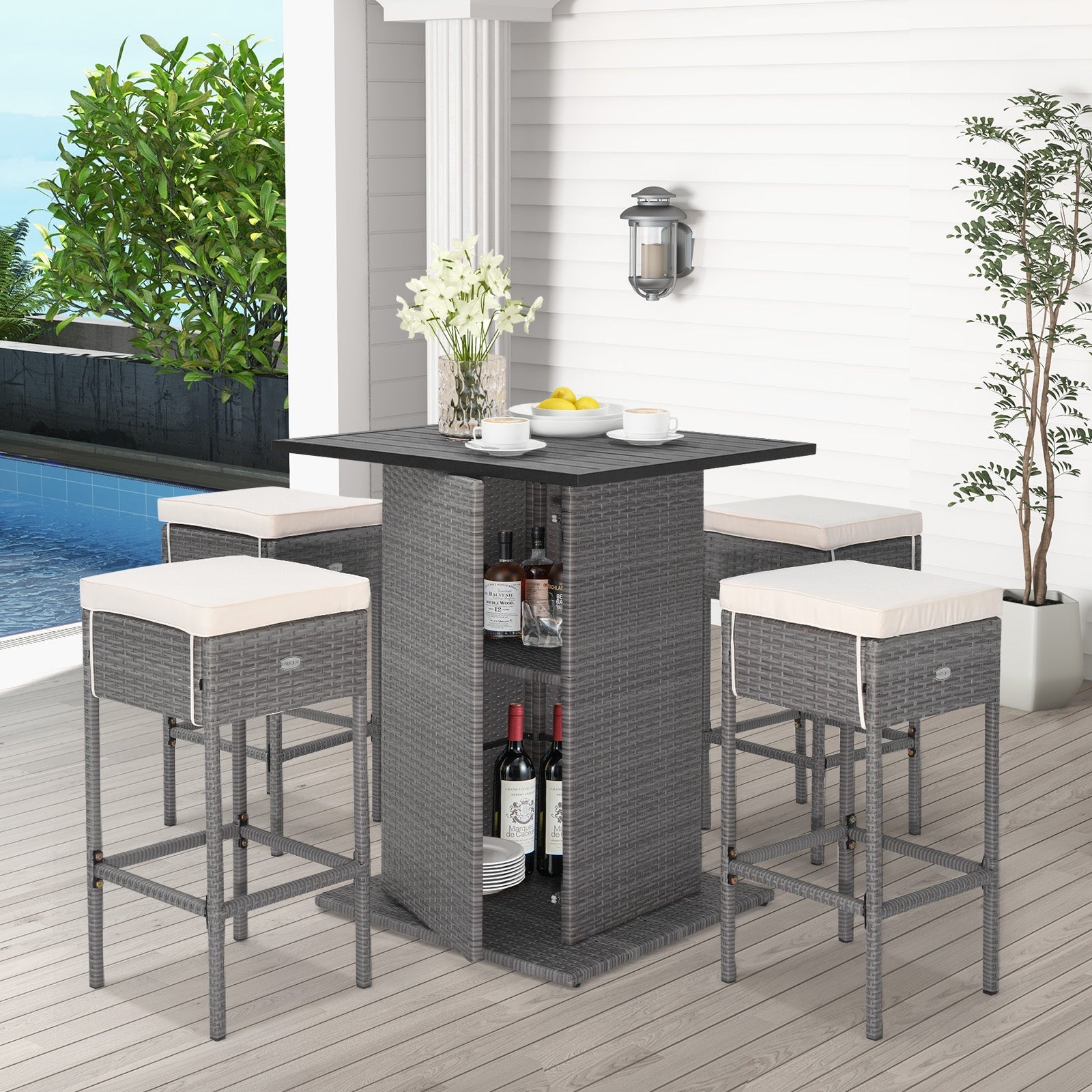 Outdoor Wicker Bar Dining Set with Hidden Storage Shelves - 5 Pc Set