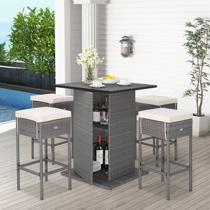 Outdoor Wicker Bar Dining Set with Hidden Storage Shelves - 5 Pc Set