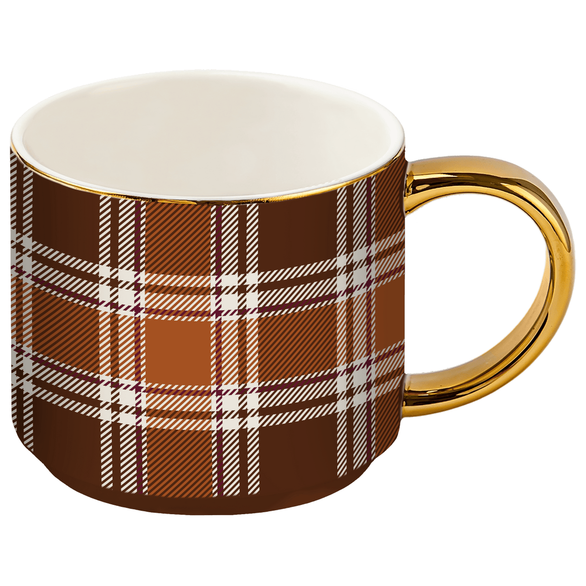 Brown Plaid 14 oz Gold Handle Coffee Mug