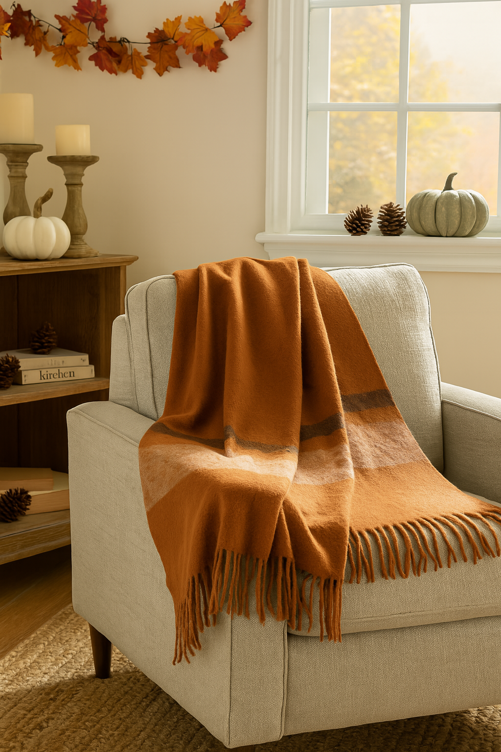 Brushed Orange New Zealand Wool Throw Blanket with Stripes &amp; Fringe