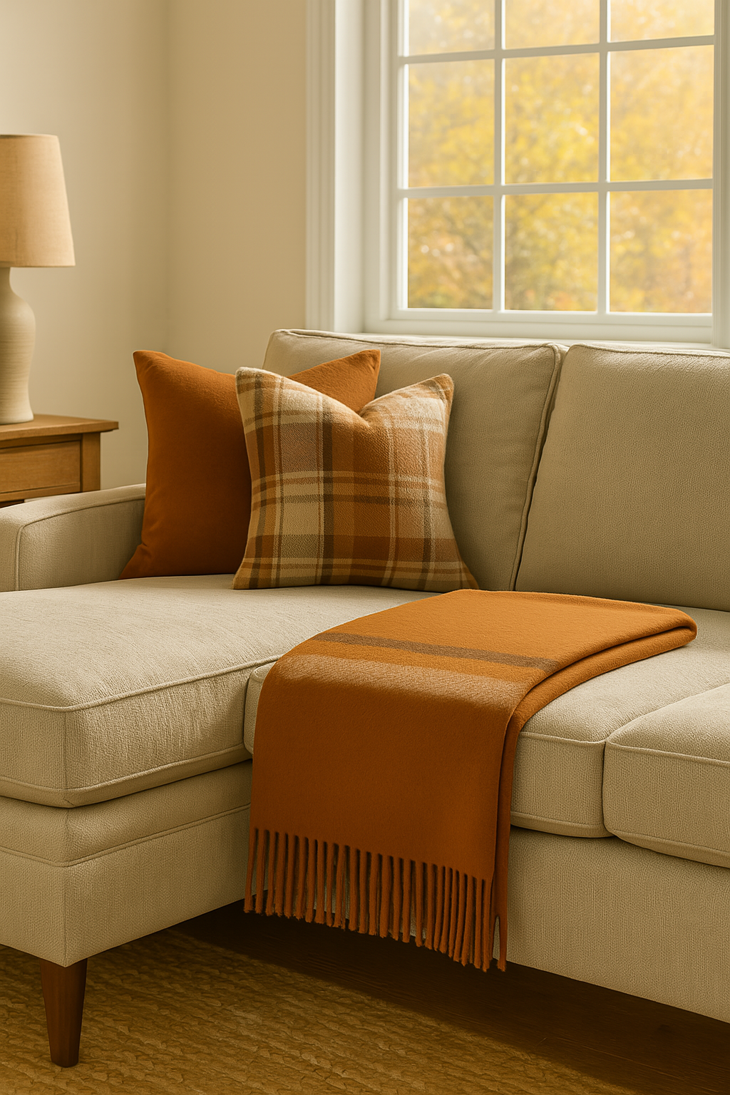 Brushed Orange New Zealand Wool Throw Blanket with Stripes &amp; Fringe