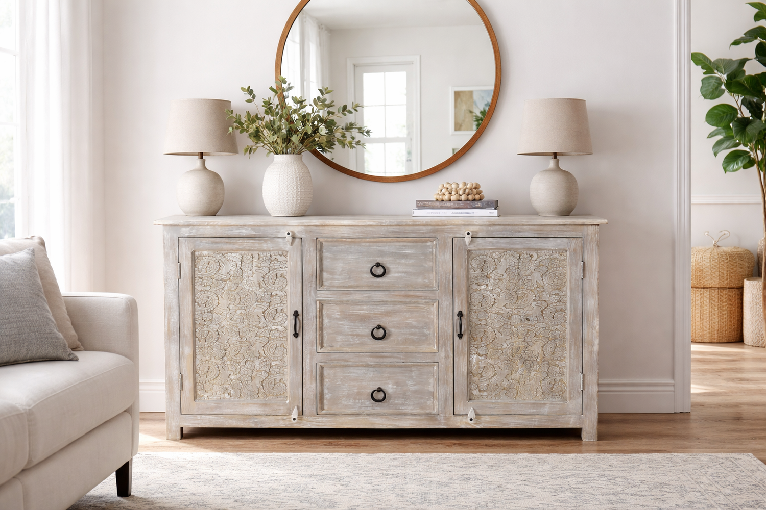 Timbergirl Handcarved Antique Finish 2-Door Sideboard Cabinet
