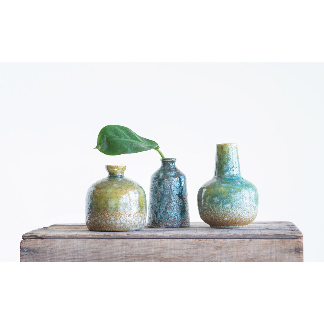Green &amp; Teal Reactive Glaze Volcano Finish Stoneware Vases