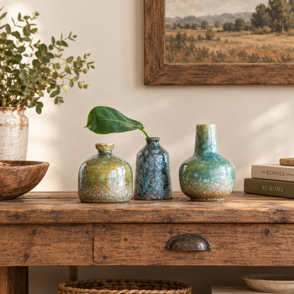 Green &amp; Teal Reactive Glaze Volcano Finish Stoneware Vases