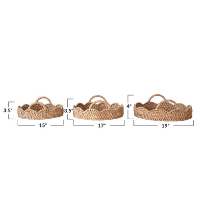 Braided Bankuan &amp; Rattan Scalloped Tray with Handles - 3 Sizes