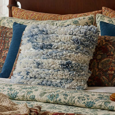 Blue &amp; White Furry Stripe Pillow Cover- 22 X 22 inch