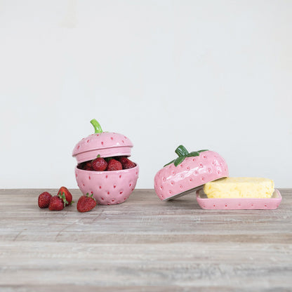 Hand-Painted Ceramic Strawberry Jar with Lid