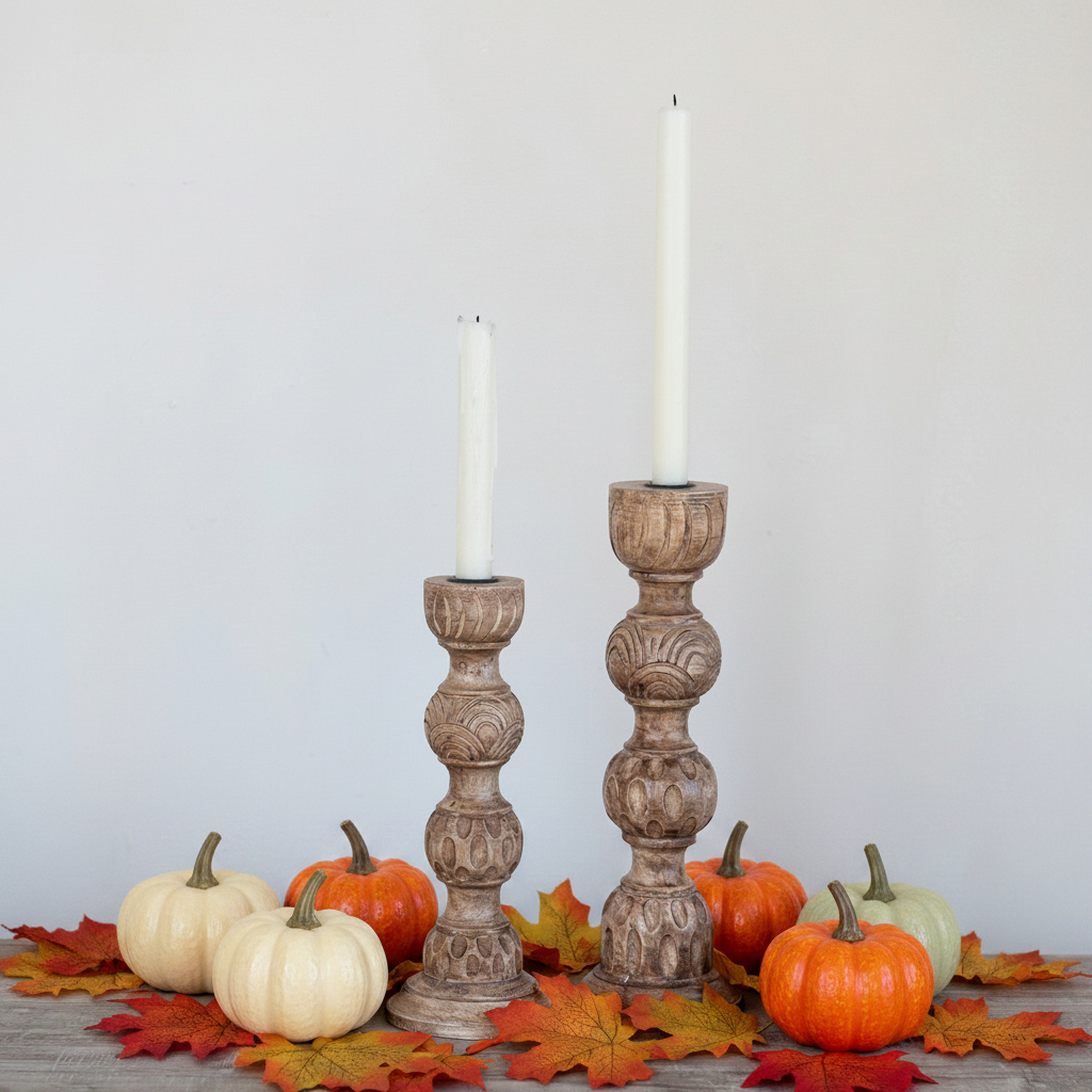 Hand-Carved Mango Wood Taper Candle Holder | 2 Sizes