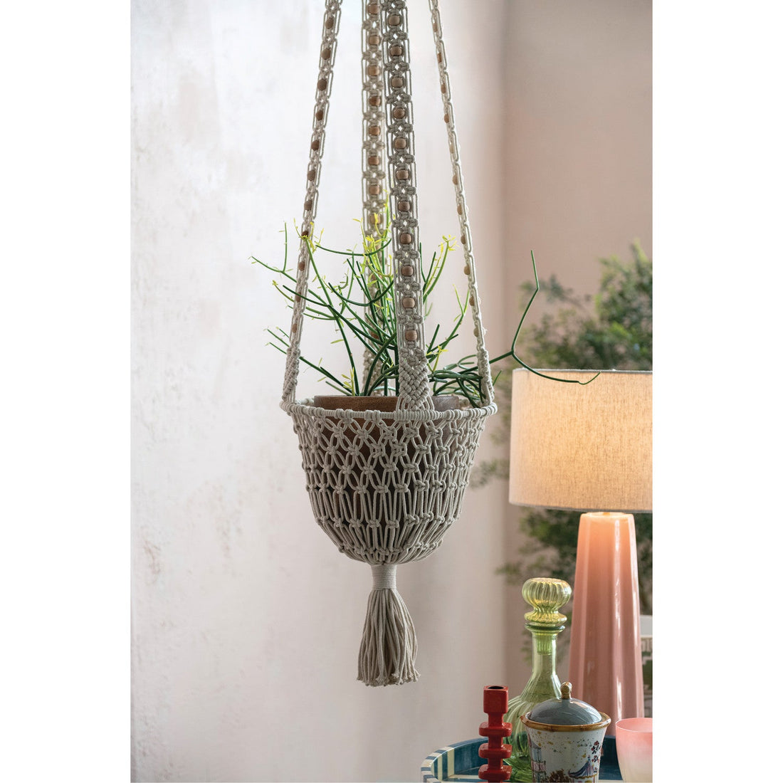 Cotton Macrame Plant Hanger with Wood Beads &amp; Tassel