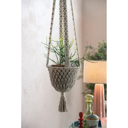 Cotton Macrame Plant Hanger with Wood Beads &amp; Tassel