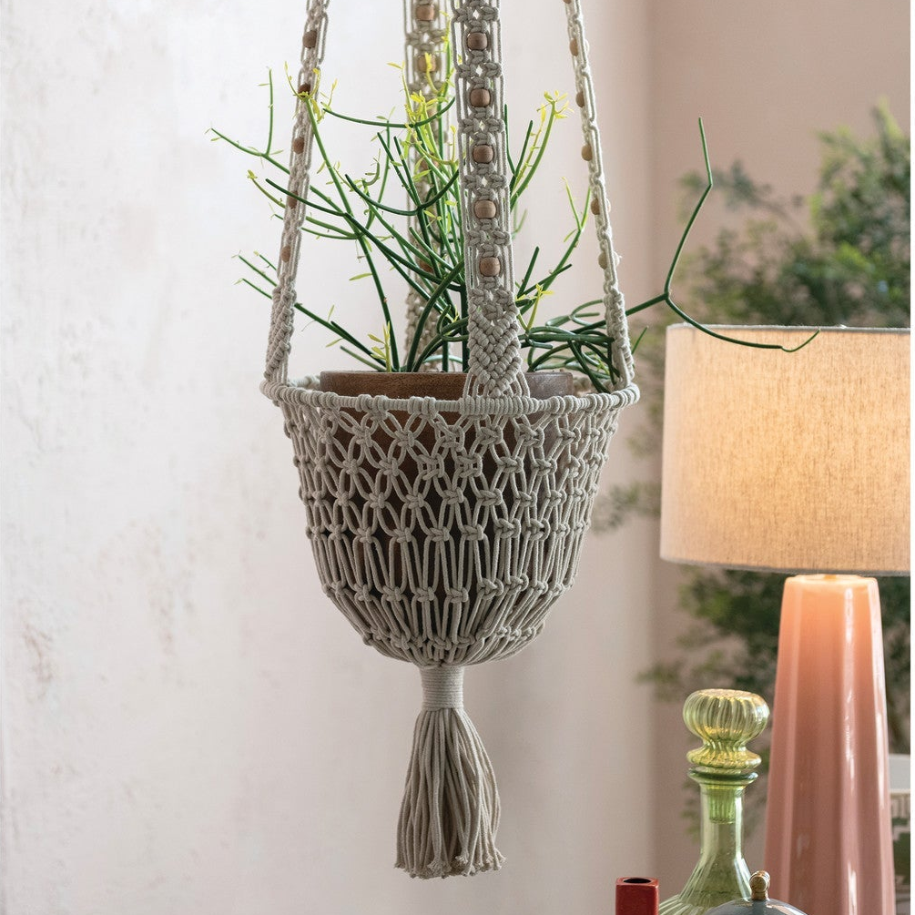 Cotton Macrame Plant Hanger with Wood Beads &amp; Tassel