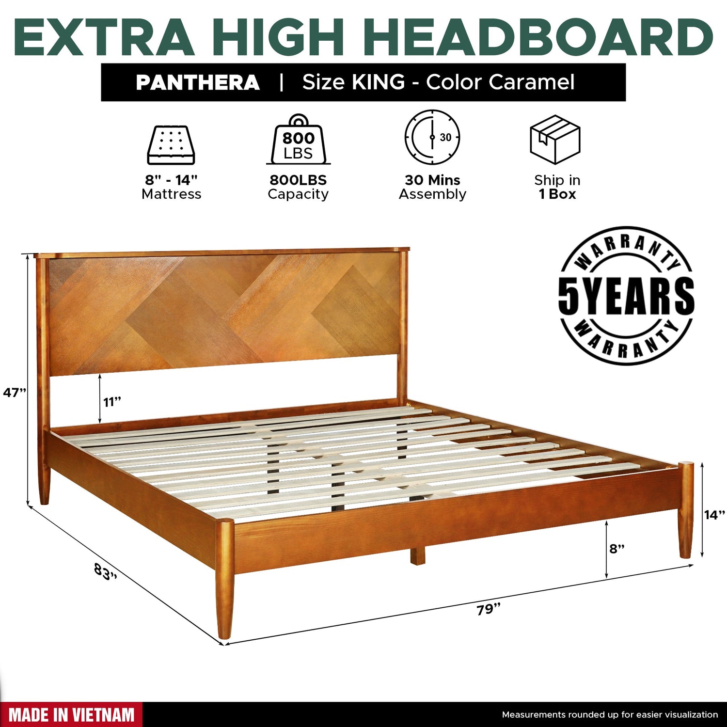 Panthera Acacia Platform Bed Frame With Headboard - Caramel, Walnut