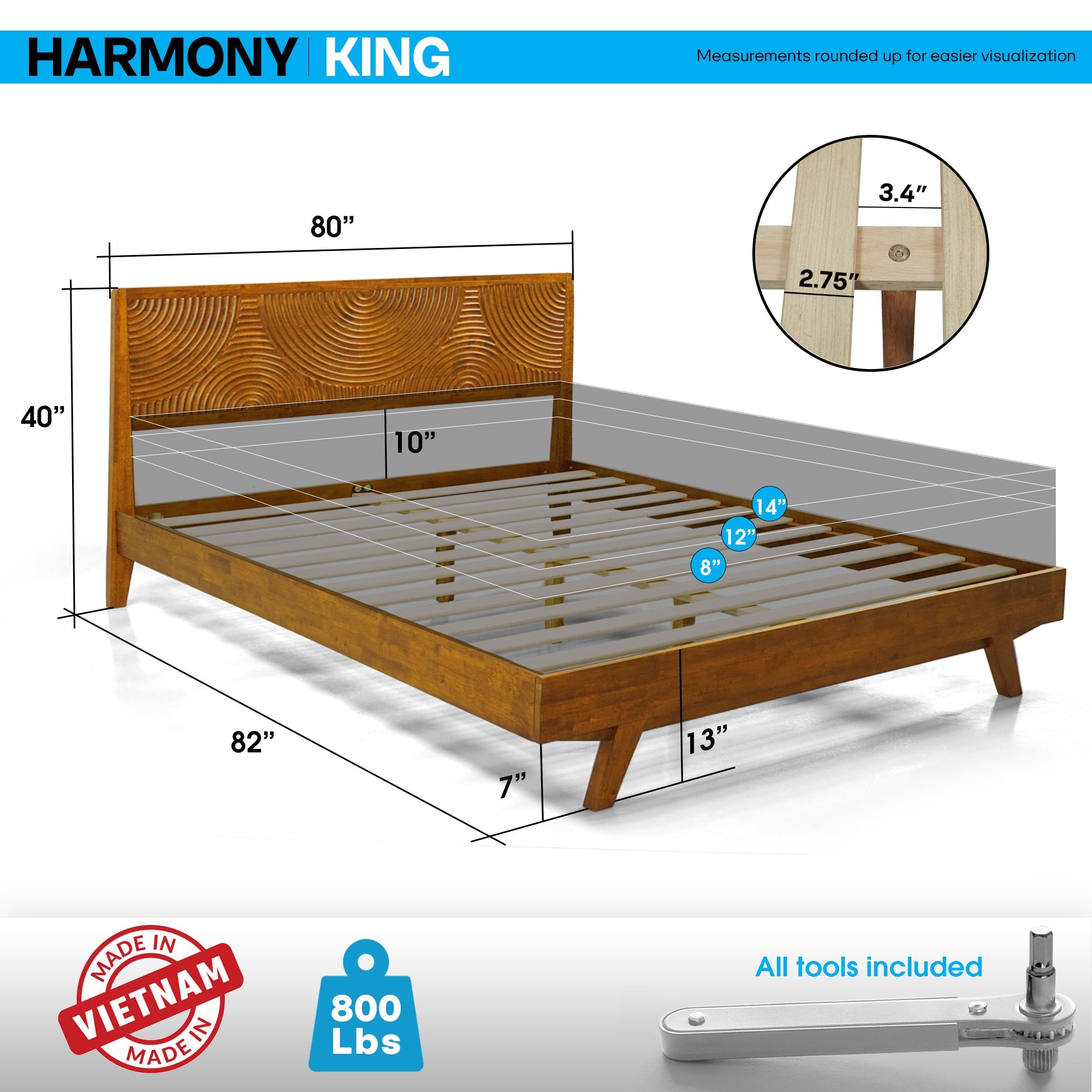 Harmony Acacia Solid Wood Platform Bed Frame in Caramel, Natural Oak, Walnut