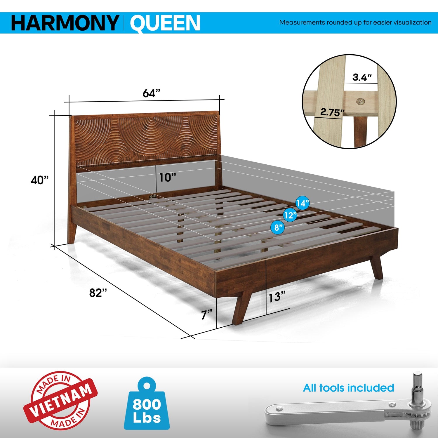 Harmony Acacia Solid Wood Platform Bed Frame in Caramel, Natural Oak, Walnut