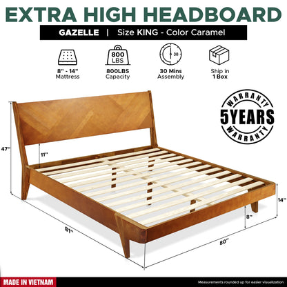Gazelle Acacia Platform Bed Frame With Headboard - Caramel, Walnut