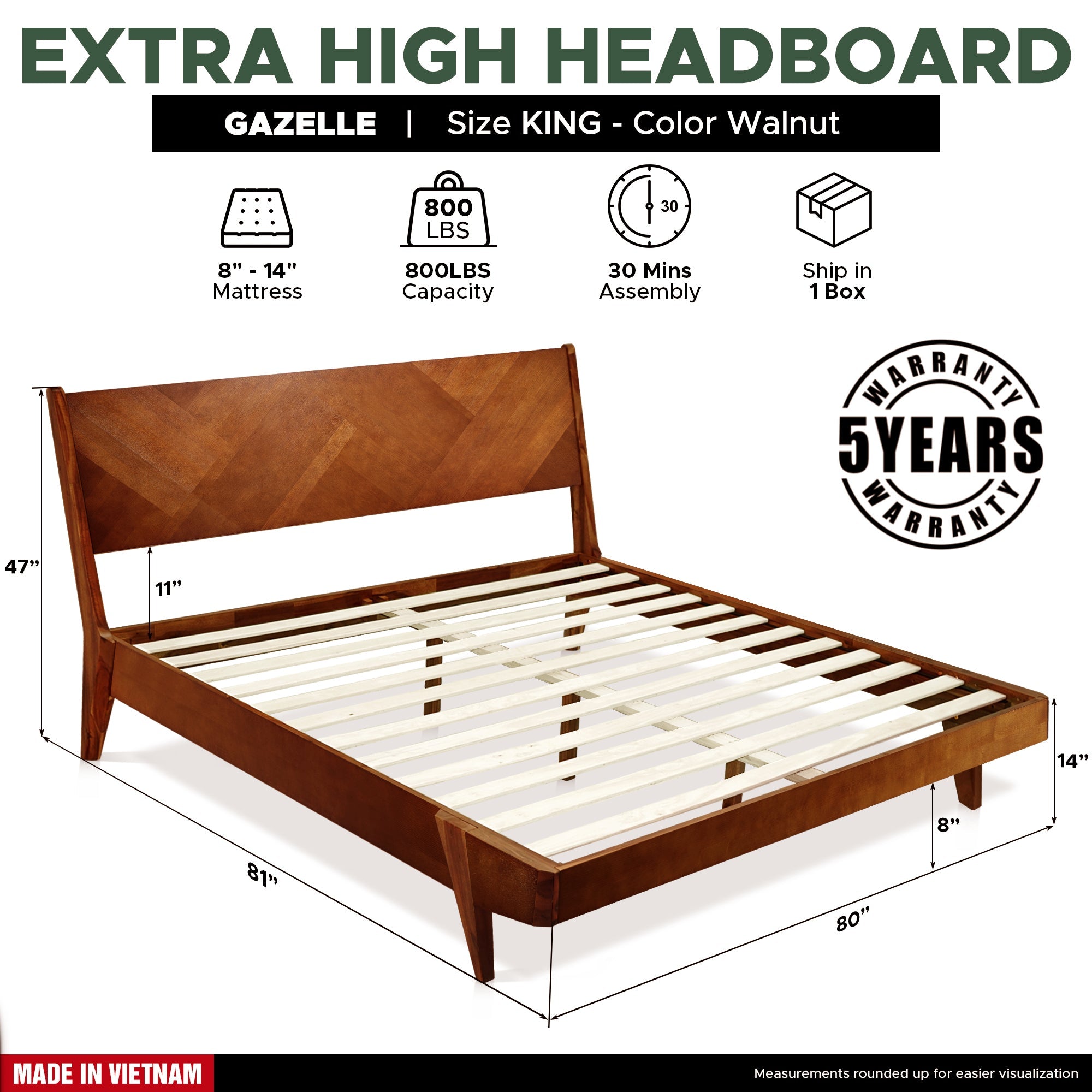 Gazelle Acacia Platform Bed Frame With Headboard - Caramel, Walnut