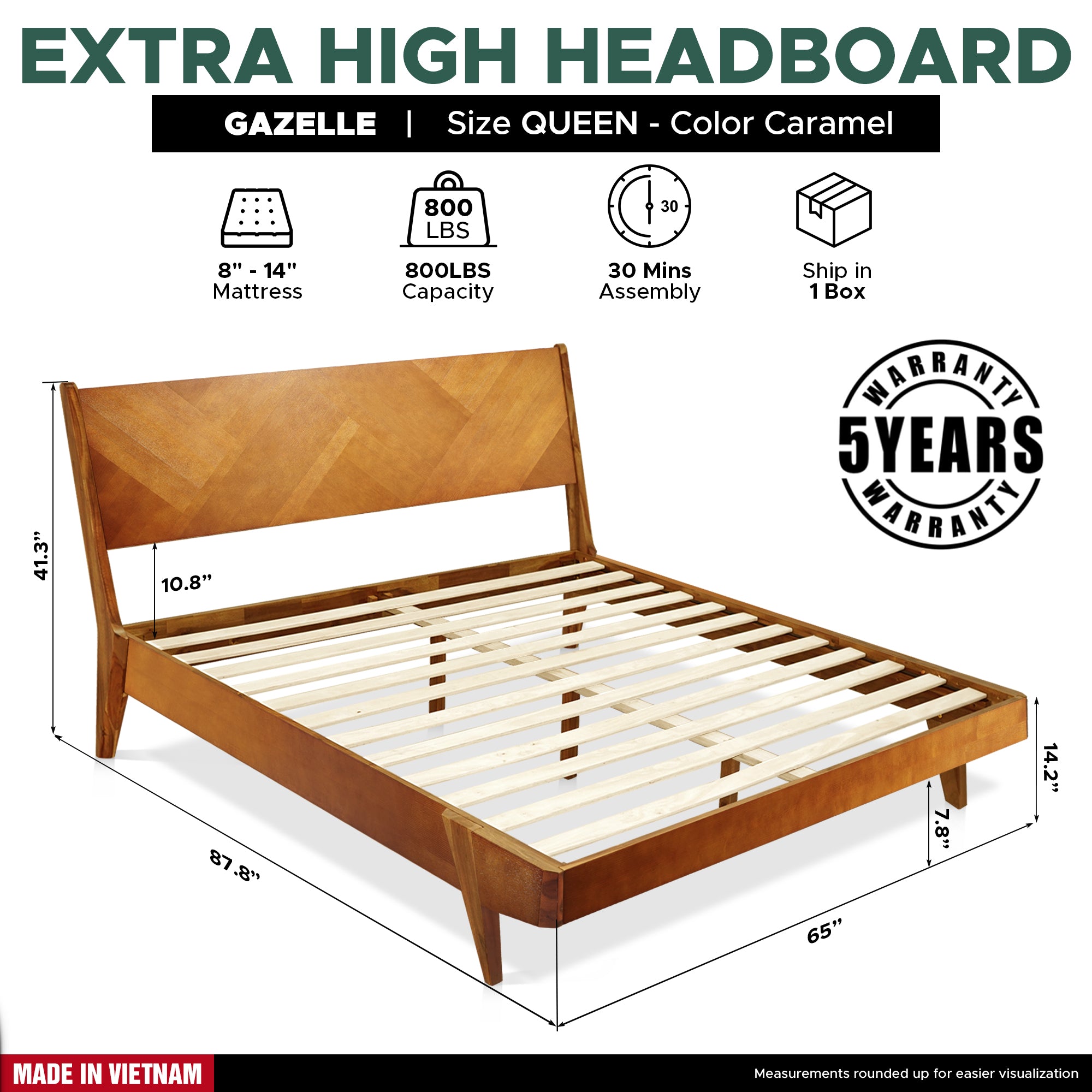 Gazelle Acacia Platform Bed Frame With Headboard - Caramel, Walnut
