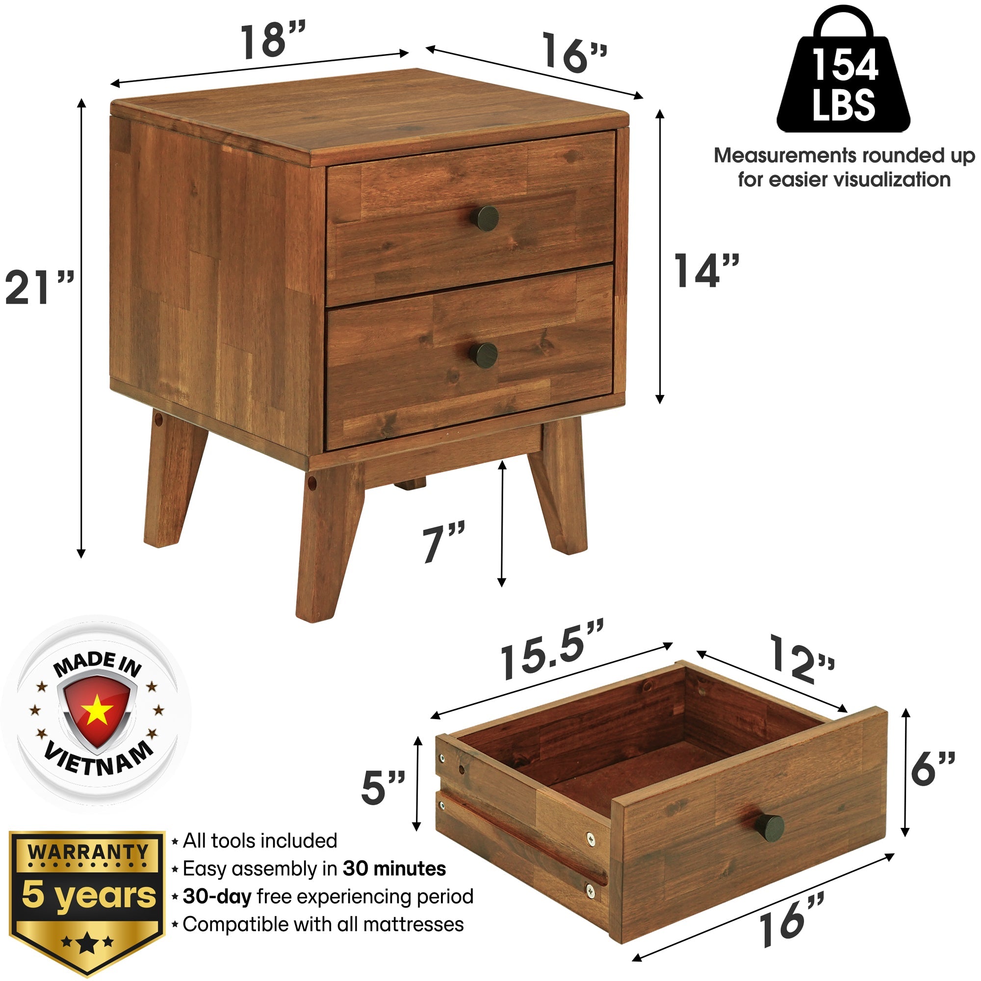 Acacia Silvia 2-Drawer Solid Wood Nightstand for Modern Bedrooms