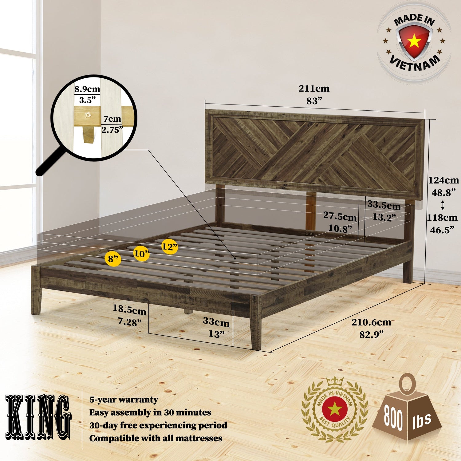 Acacia Sierra Deluxe Solid Wood Bed Frame - in Ebony, Walnut, or Early American