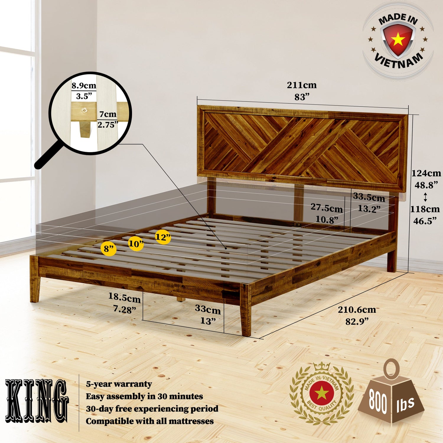 Acacia Sierra Deluxe Solid Wood Bed Frame - in Ebony, Walnut, or Early American