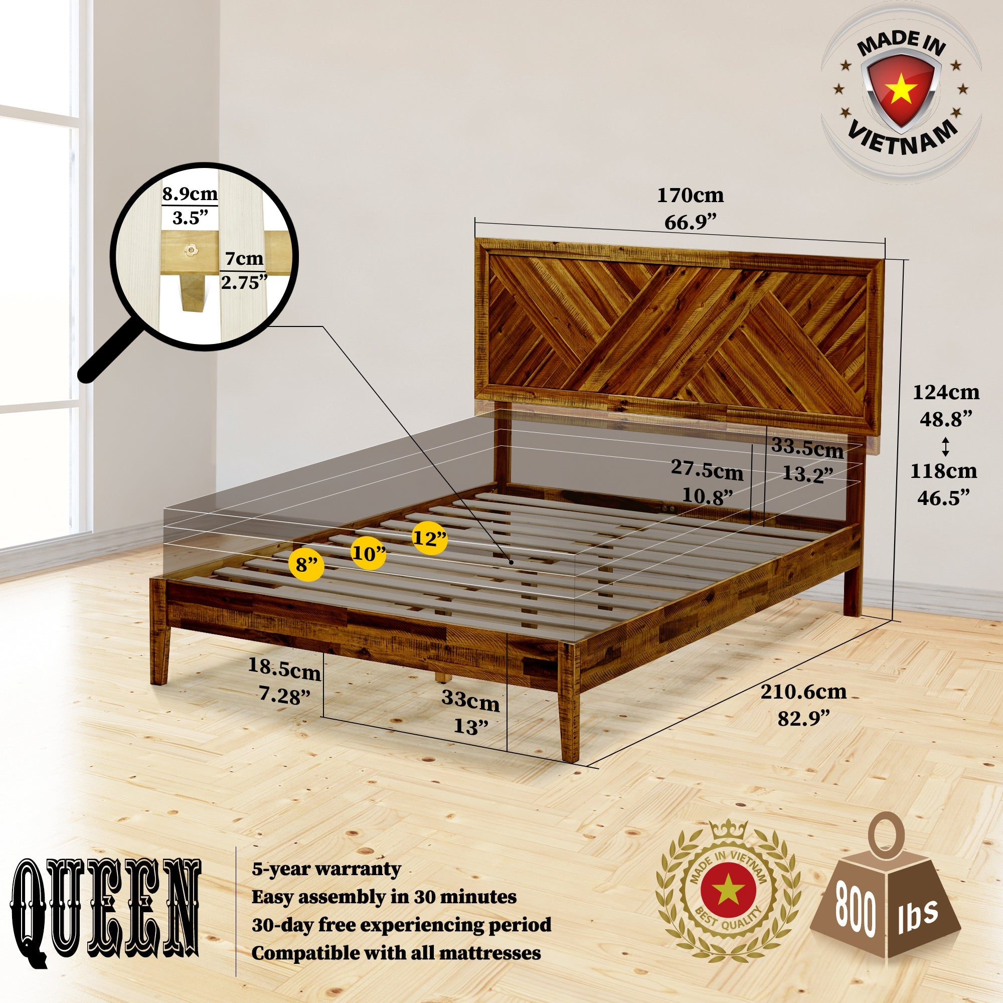Acacia Sierra Deluxe Solid Wood Bed Frame - in Ebony, Walnut, or Early American