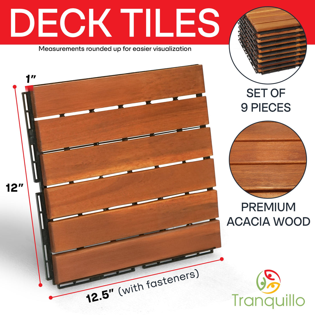 Solid Wood Deck Tiles Solid Slat Style - Box of 9, 2 Colors