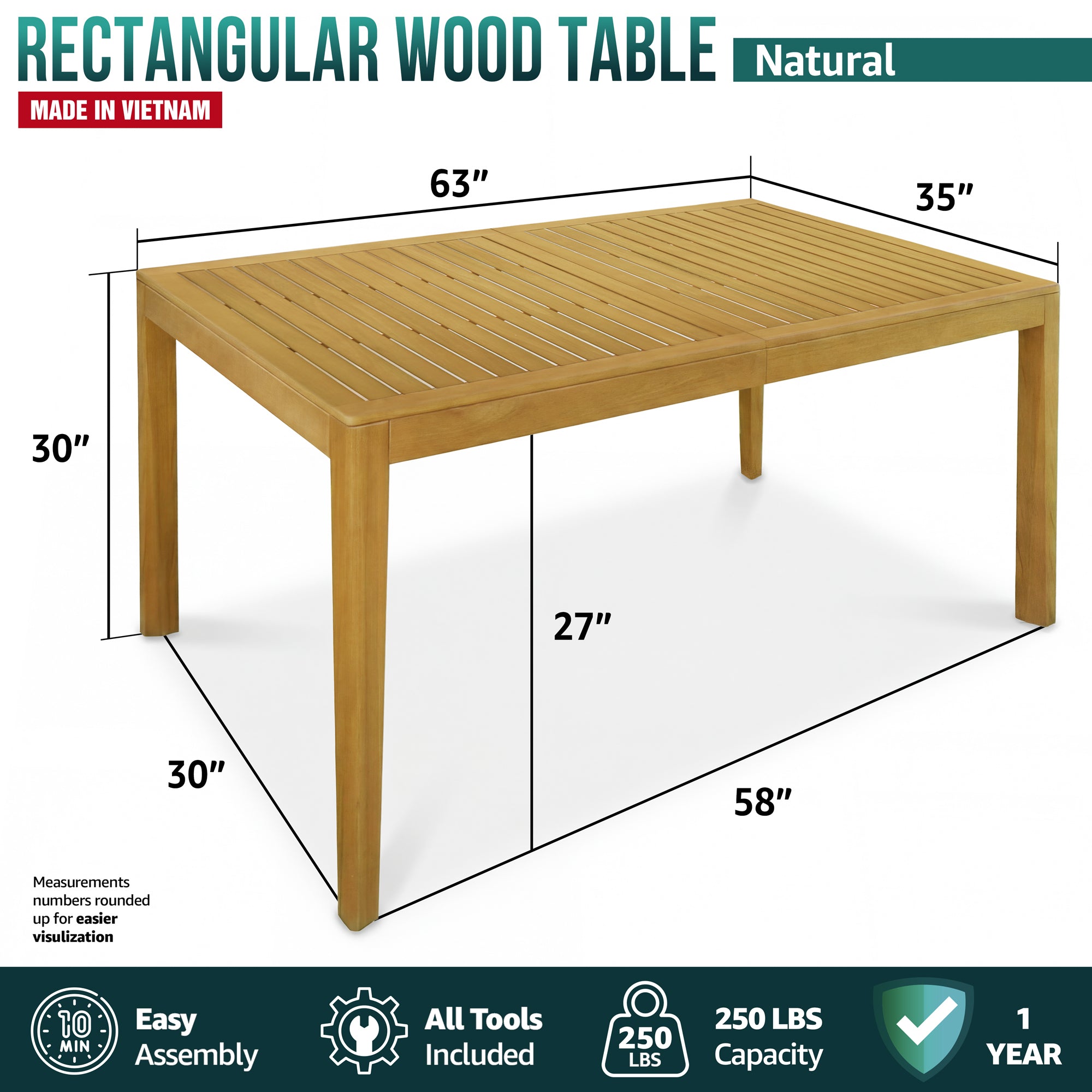 Classic Acacia Wood Outdoor Dining Table for 6