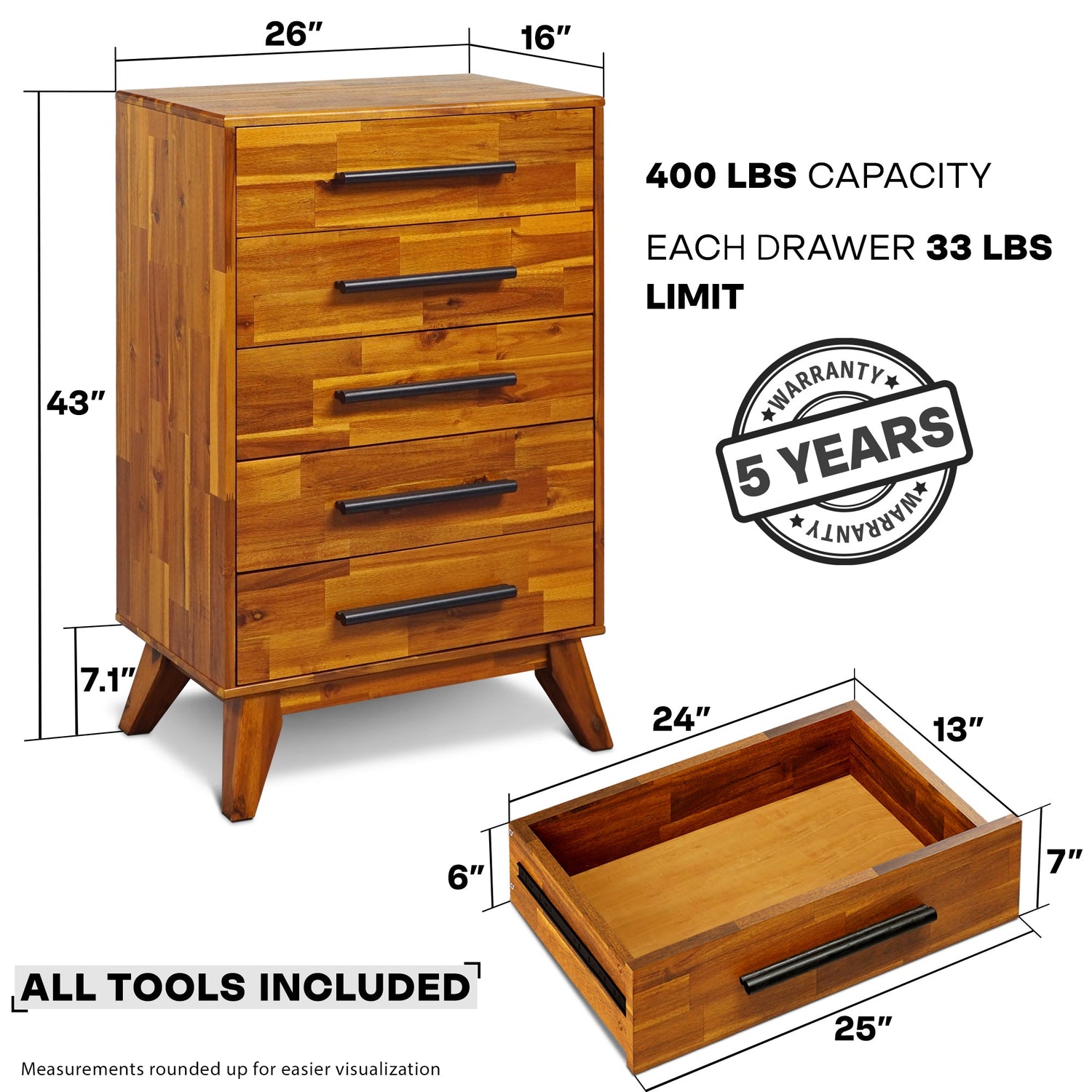 Acacia Linea Solid Wood Dresser in Caramel or Walnut