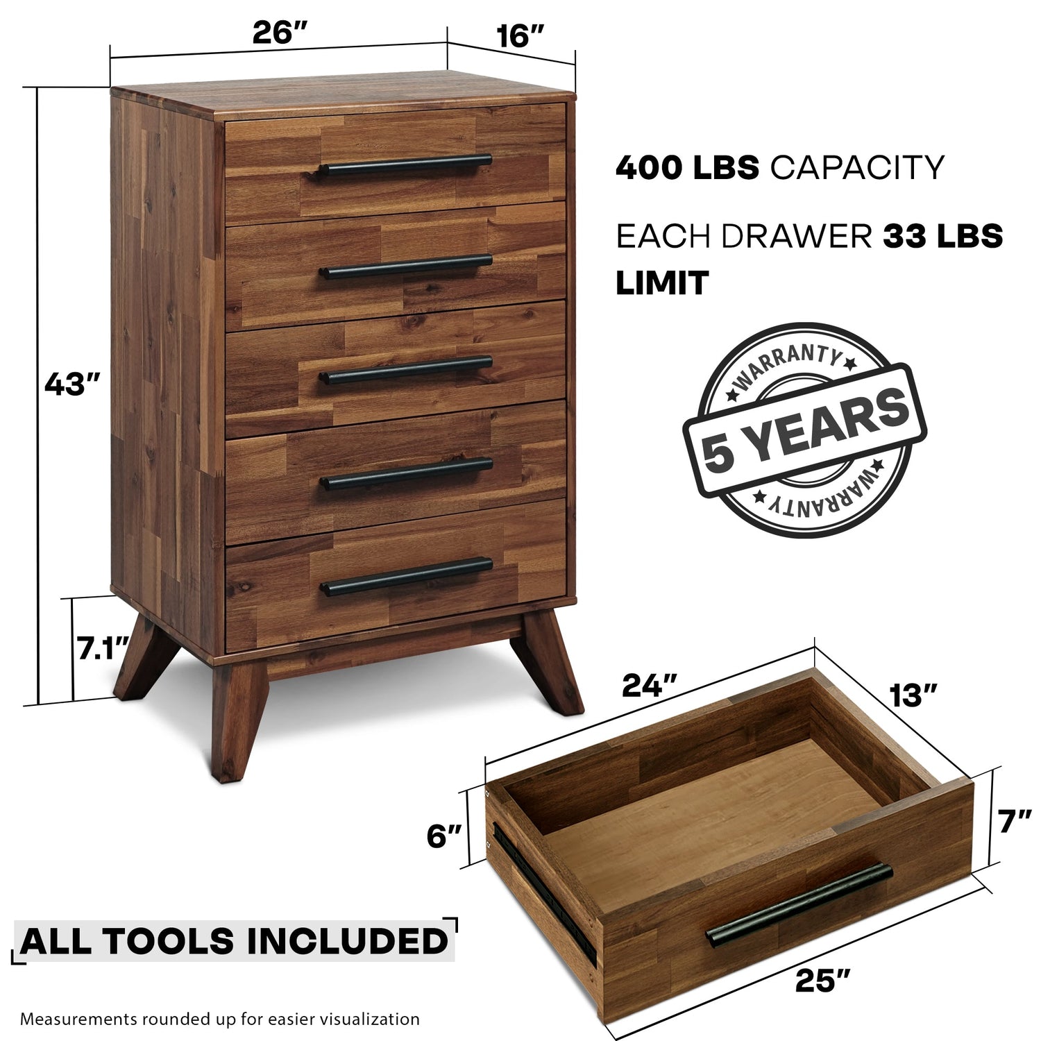 Acacia Linea Solid Wood Dresser in Caramel or Walnut