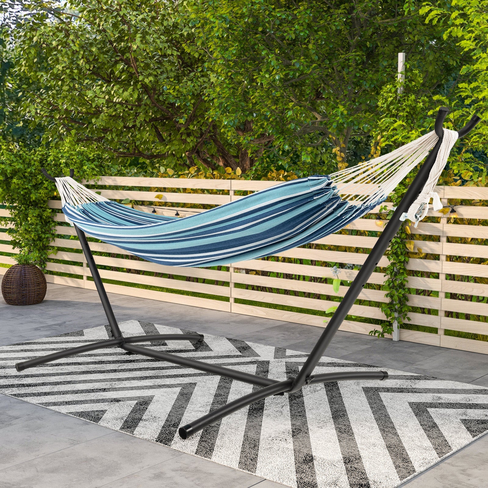 Portable 2-Person Double Hammock Set with Stand and Carrying Cases - Blue