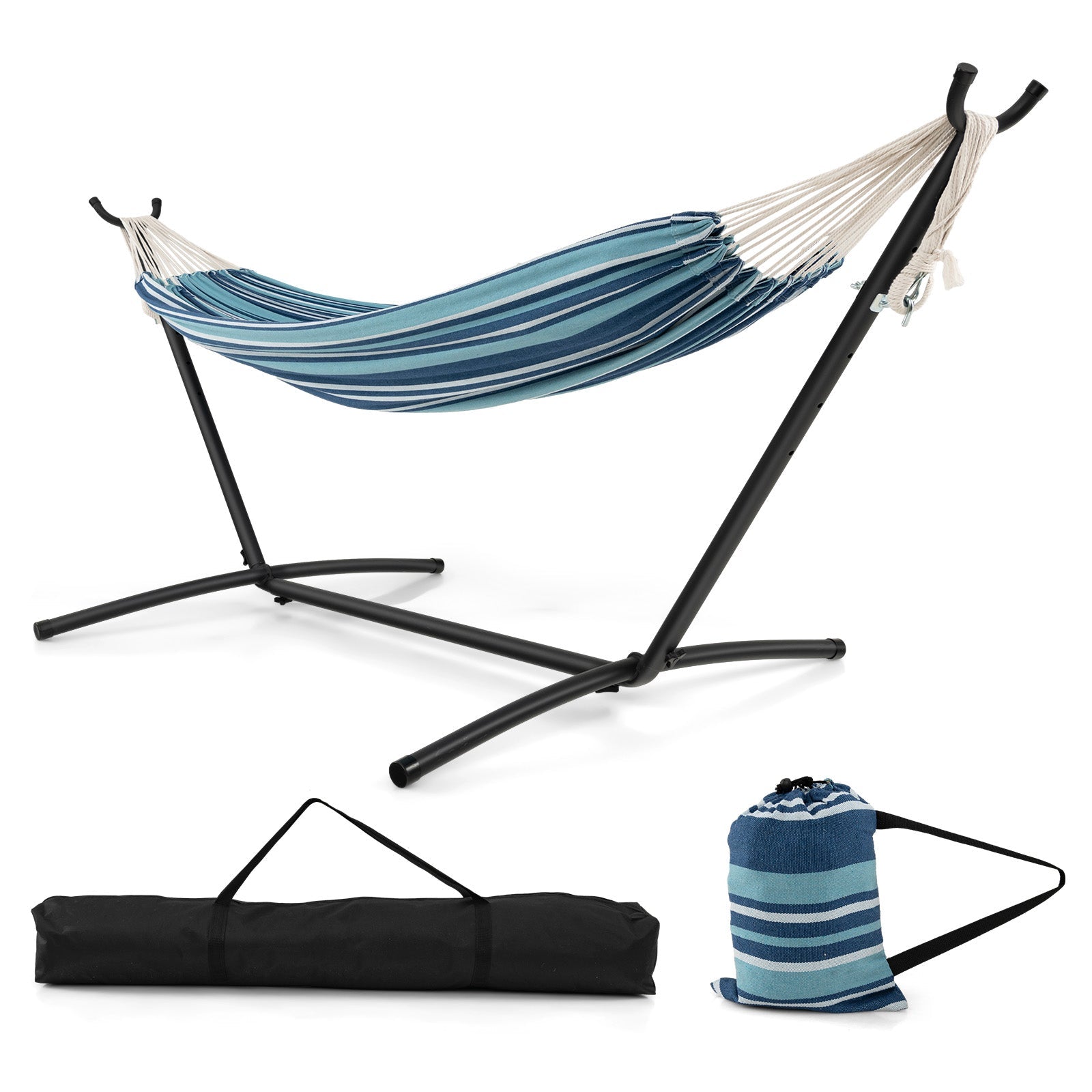 Portable 2-Person Double Hammock Set with Stand and Carrying Cases - Blue