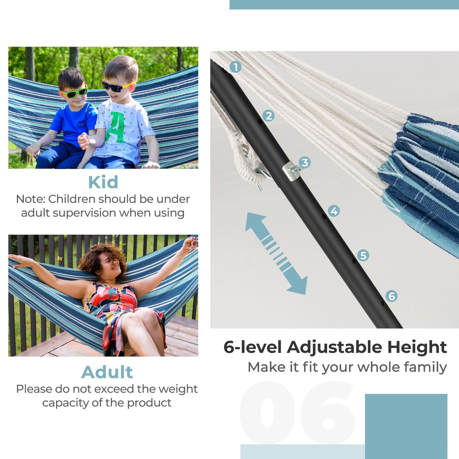 Portable 2-Person Double Hammock Set with Stand and Carrying Cases - Blue