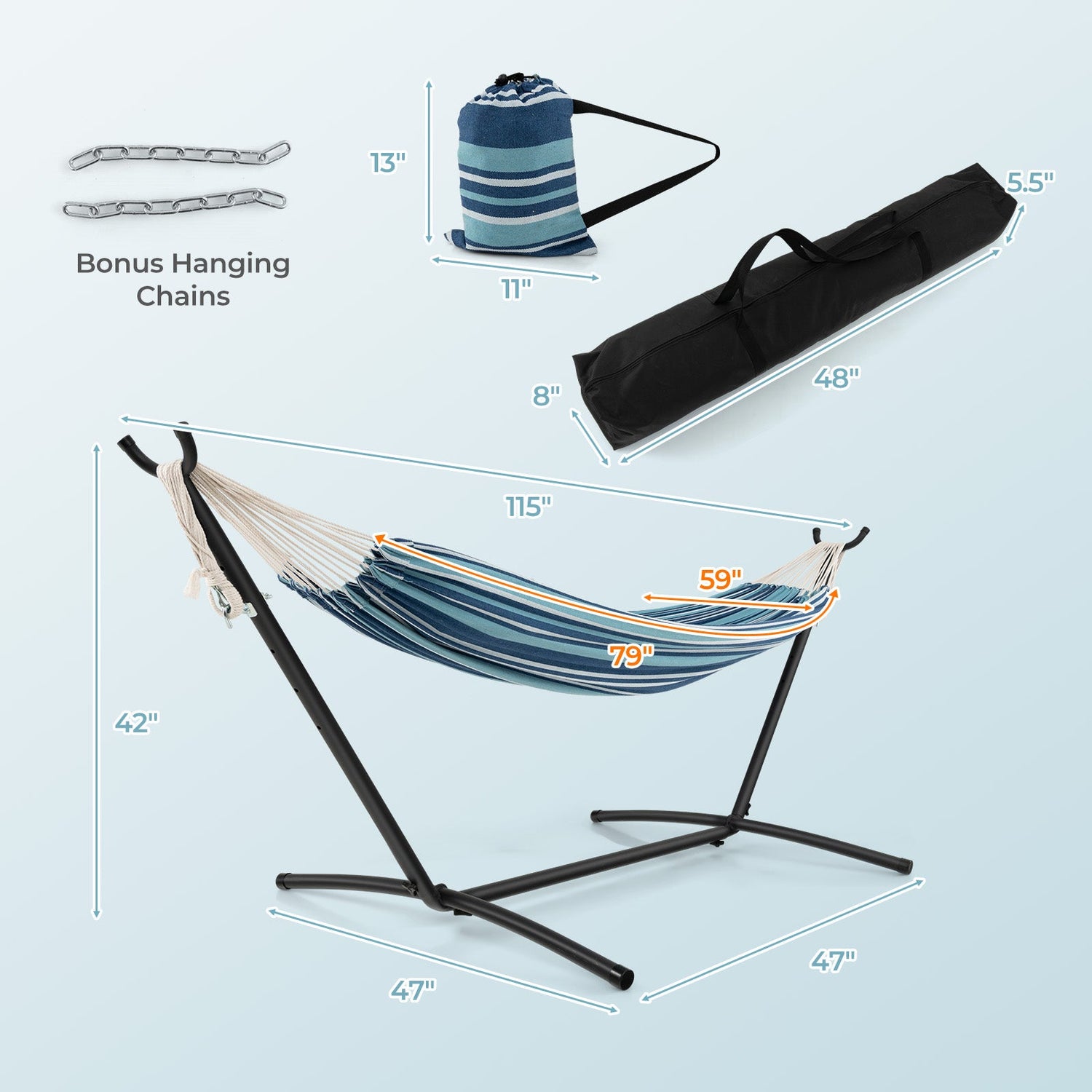 Portable 2-Person Double Hammock Set with Stand and Carrying Cases - Blue