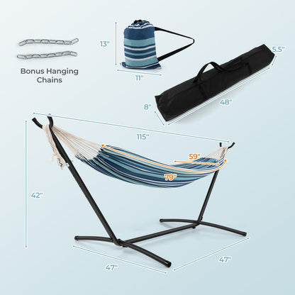 Portable 2-Person Double Hammock Set with Stand and Carrying Cases - Blue