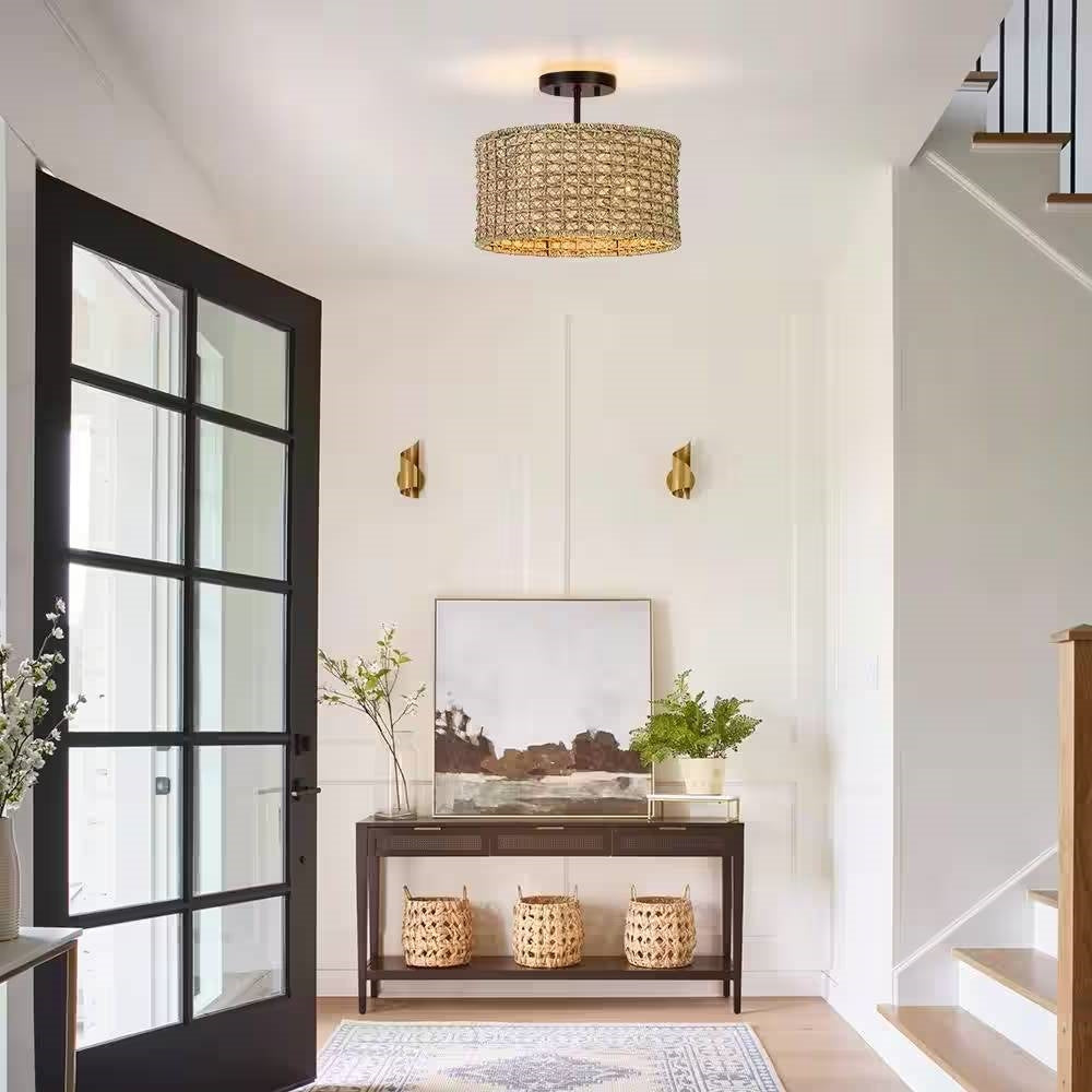 13.6" Rattan Drum Semi-Flush Mount Ceiling Light