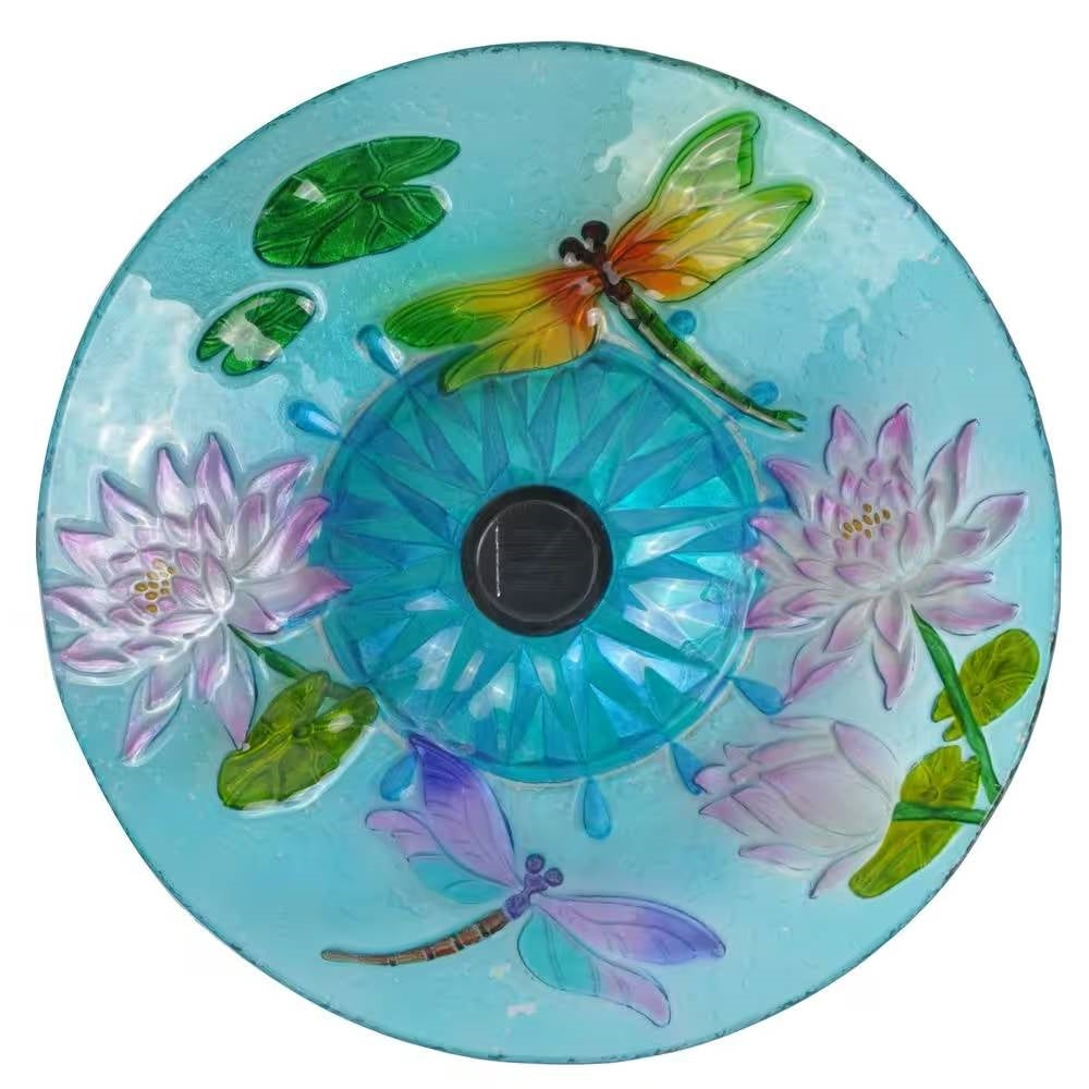Glass Bowl Bird Bath with Black Metal Stand and Solar Powered Light - Teal With Dragonflies and Flowers