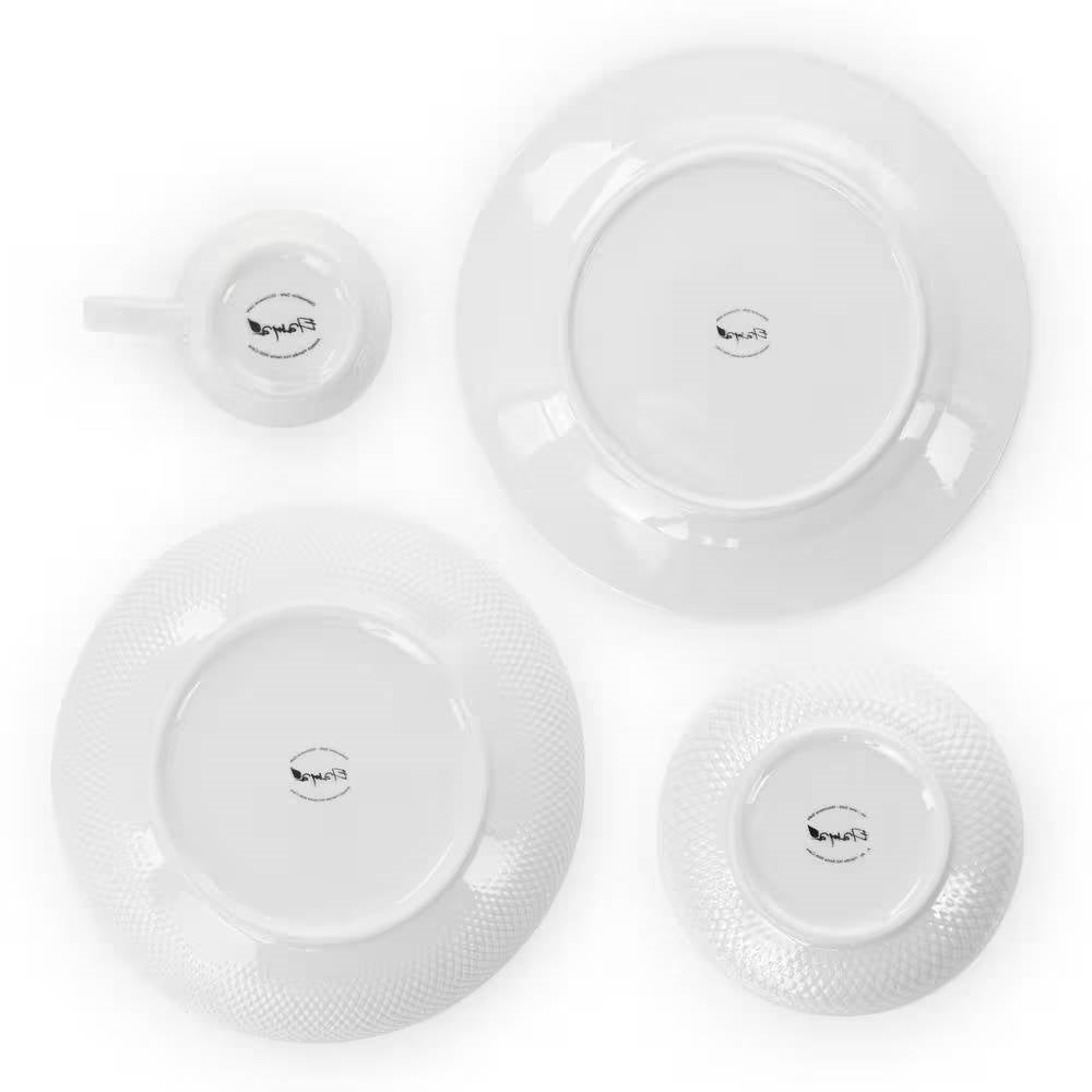 18-Piece White Porcelain Diamond Dinnerware Set with Plate/ Bowls/Mugs - Service for 4