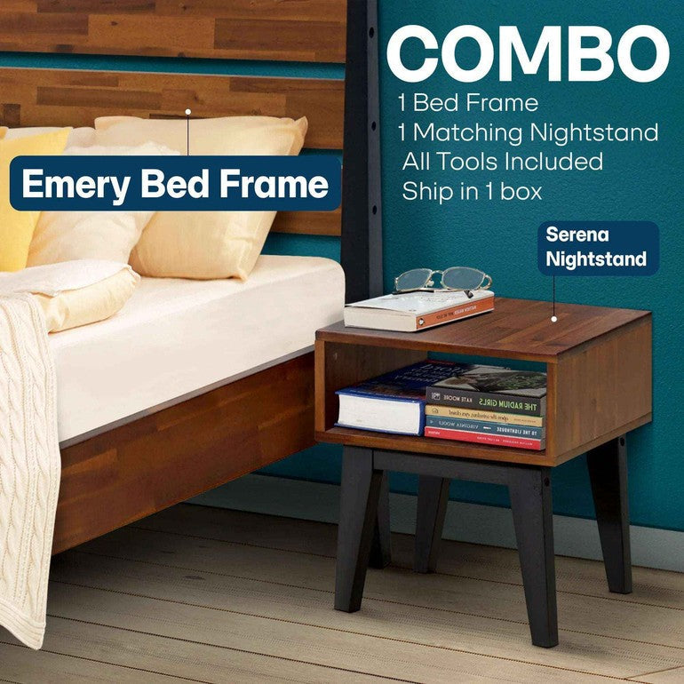 Emery Bed Frame &amp; Nightstand Set - Acacia Solid Wood in Walnut, or Americano